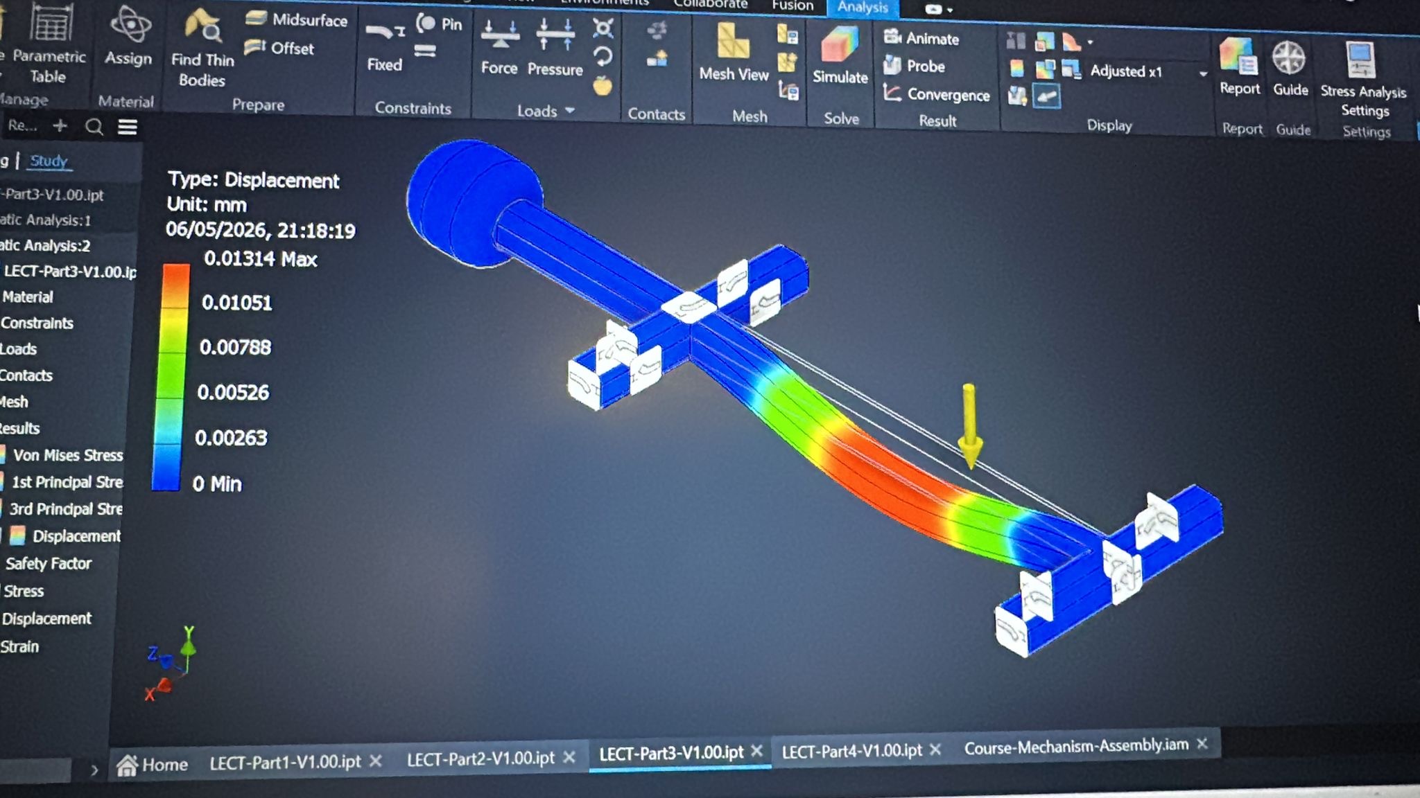 Displacement FEA — push-pin under 500N load