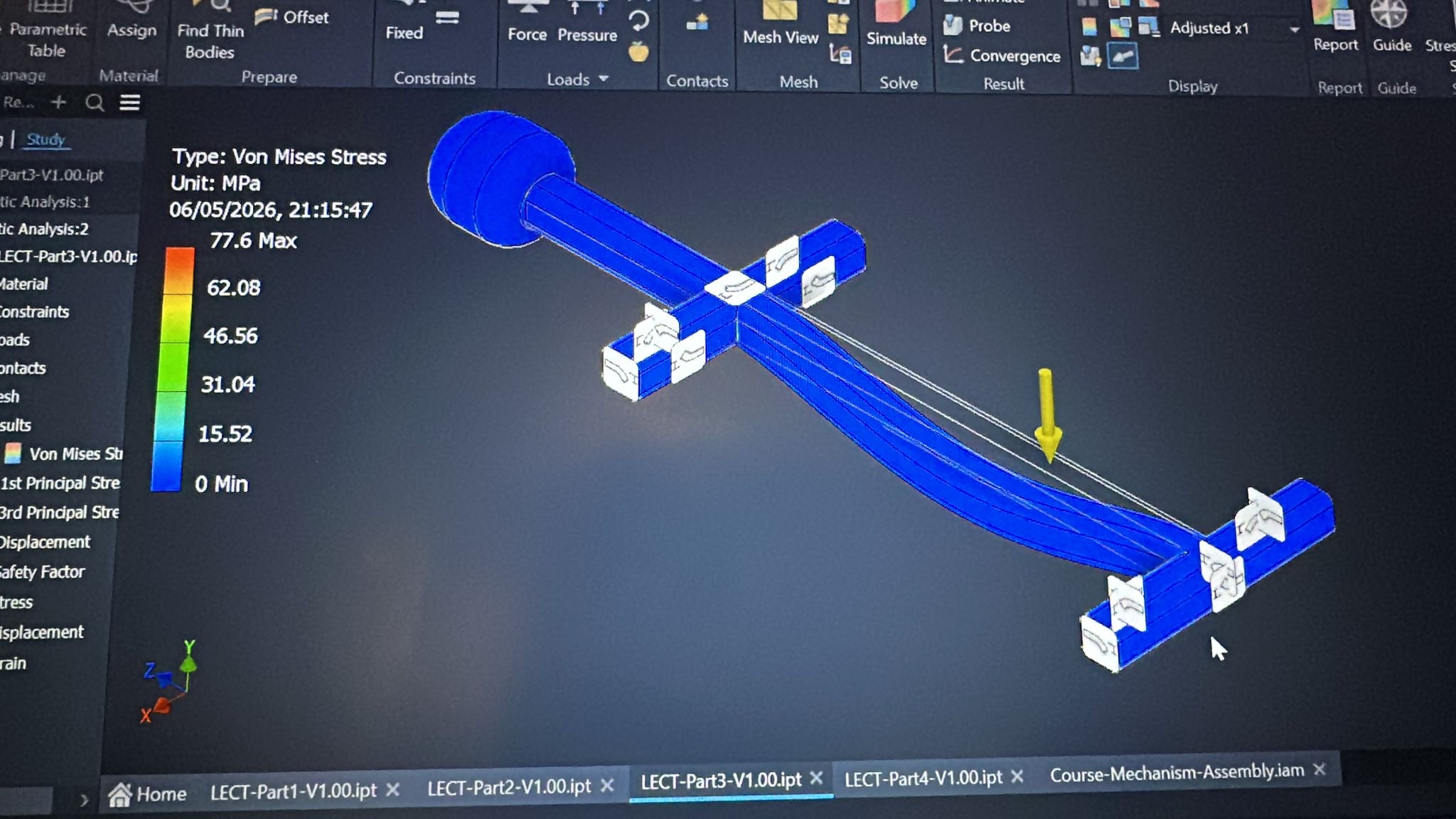 Von Mises stress FEA — push-pin under 500N load